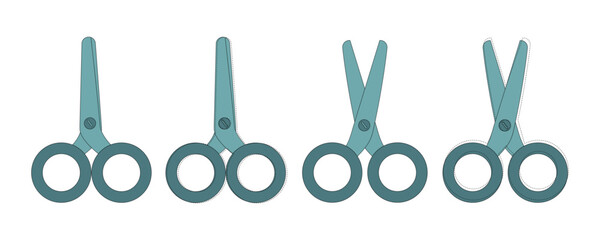 Set of blue scissors. Scissors open and closed. Sewing decor, elements.eps