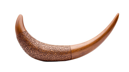 Carved wooden horn with intricate designs and smooth finish