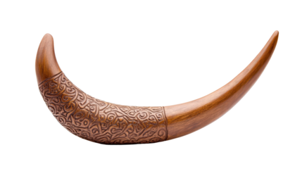 Carved wooden horn with intricate designs and smooth finish
