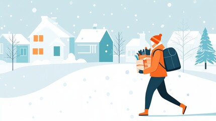 Cheerful Person in Winter Attire Carrying Gift Boxes Through a Snowy Neighborhood Scene with Houses and Trees in a Festive Atmosphere
