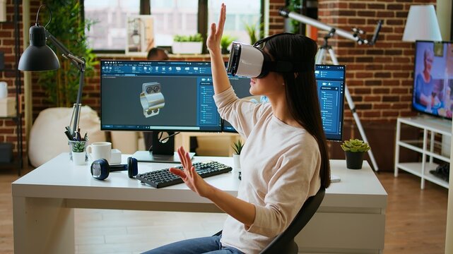 Asian woman engineer creating prototypes with vr glasses and 3D modeling software, working from home to develop new manufacturing gears and turbines. 3D design tech tools. Camera A.