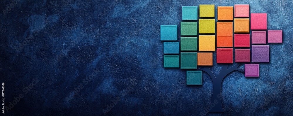 Poster colorful geometric shapes arranged in a brain-like pattern against a textured blue background, symbo