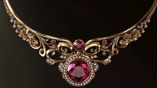 A photorealistic image of an ornate gold necklace with a ruby gemstone pendant
