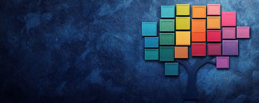 Colorful geometric shapes arranged in a brain-like pattern against a textured blue background, symbolizing creativity and innovation.