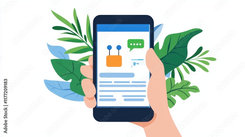 Aufkleber A smartphone displaying a chat interface, surrounded by green foliage, symbolizes communication and technology in a natural setting.