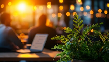 Fototapeta premium A cozy dining scene at sunset, featuring a lush plant in the foreground and warm, glowing lights in the background.