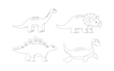 Set of cute cartoon dinosaur outlines diplodocus, plesiosaurus, triceratops, stegosaurus. Prehistoric animals for kids.eps © Tanya Selez