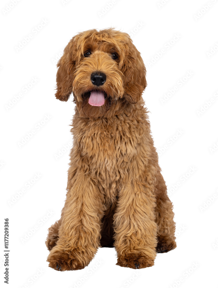 Poster adorable labradoodle dog, sitting up facing front with tongue out. looking towards camera. isolated 