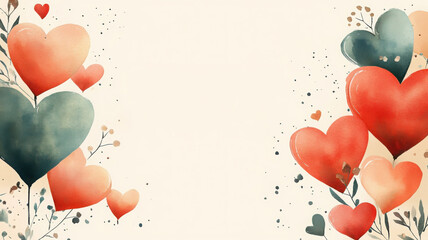 Watercolor-style illustration of red, orange, and green hearts with floral elements on a beige background, creating a soft and artistic Valentine's Day card design with copyspace