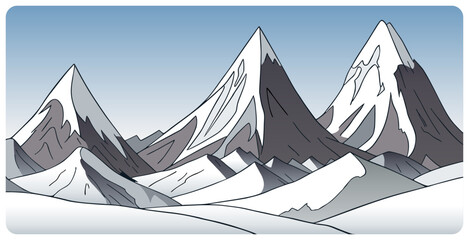 Fototapeta premium Simple hand drawn graphic vector illustration of abstract snowy mountain landscape with snowbound foothills and sharp triangular snowcapped mount peaks. Cartoon sketch concept of winter nature scenery