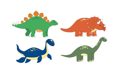Set of cute cartoon dinosaurs diplodocus, plesiosaurus, triceratops, stegosaurus. Prehistoric animals for kids © Tanya Selez