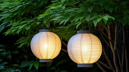 Obraz premium White paper lanterns hanging from trees enhance the romantic ambiance of a wedding reception in the garden under the night sky