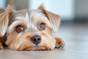 This charming dog rests on the floor with a gentle gaze in its big brown eyes, perfectly embodying the notions of loyalty and affection in a warm, inviting environment.