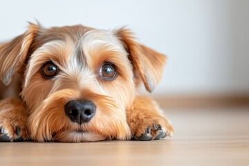 An intimate close-up of a loving dog's face, showcasing its soft fur and expressive eyes that seem to reflect a deep bond and affection towards its human companions.