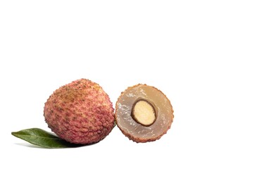 Closeup of Lychee or Litchi Fruit Cut with Leaves Isolated on White Background with Copy Space