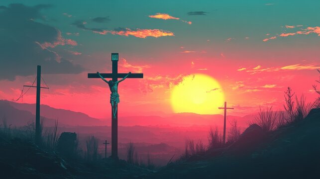 Silhouette jesus christ crucifix on cross on calvary sunset background concept for good friday he is risen in easter day, good friday jesus death on crucifix, world christian and holy spirit religiou