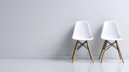 Two white modern chairs with wooden legs in minimalist room light grey walls