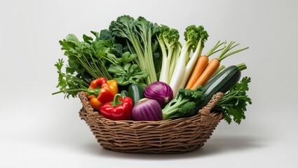Fresh vegetables in a basket on a white background
