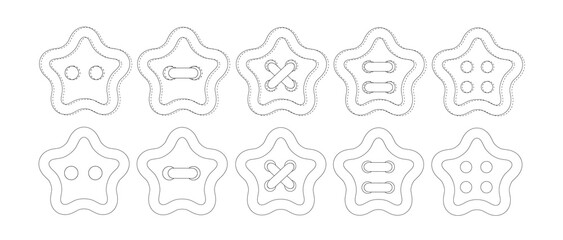 Set of white star buttons. Button with two and four holes. Sewn buttons. Sewing decor, elements