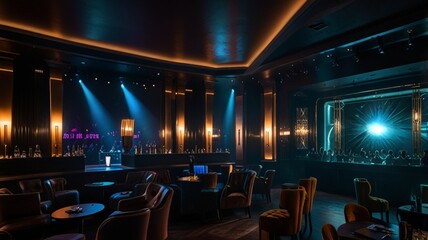 Naklejka premium An upscale lounge featuring plush leather seating, elegant decor, and a dazzling chandelier. The soft lighting and stylish bar create a chic atmosphere for socializing.