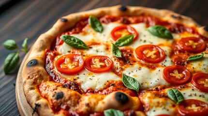 Closeup of delicious pizzas with salami, cheese, tomato, olives, and fresh basil