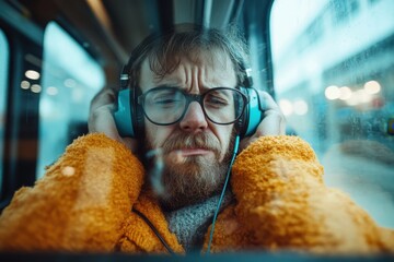 A man with glasses and headphones looks perplexed in a bus, embodying the emotional complexities of...