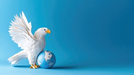Fototapeta premium White paper eagle with outstretched wings perches on small Earth model against blue background