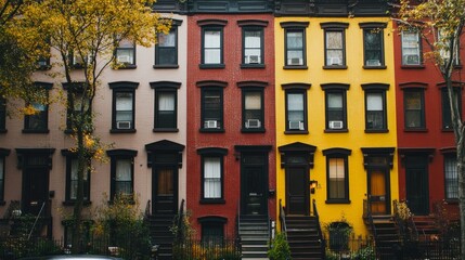 Obraz premium Urban renewal area featuring a series of row houses, blending modern design with revitalized city living spaces.