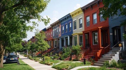 Obraz premium Urban renewal area with modern row houses, emphasizing the transformation of a neighborhood into a vibrant living space.