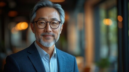 Fototapeta premium Professional man with glasses smiles confidently in a modern office setting during daytime