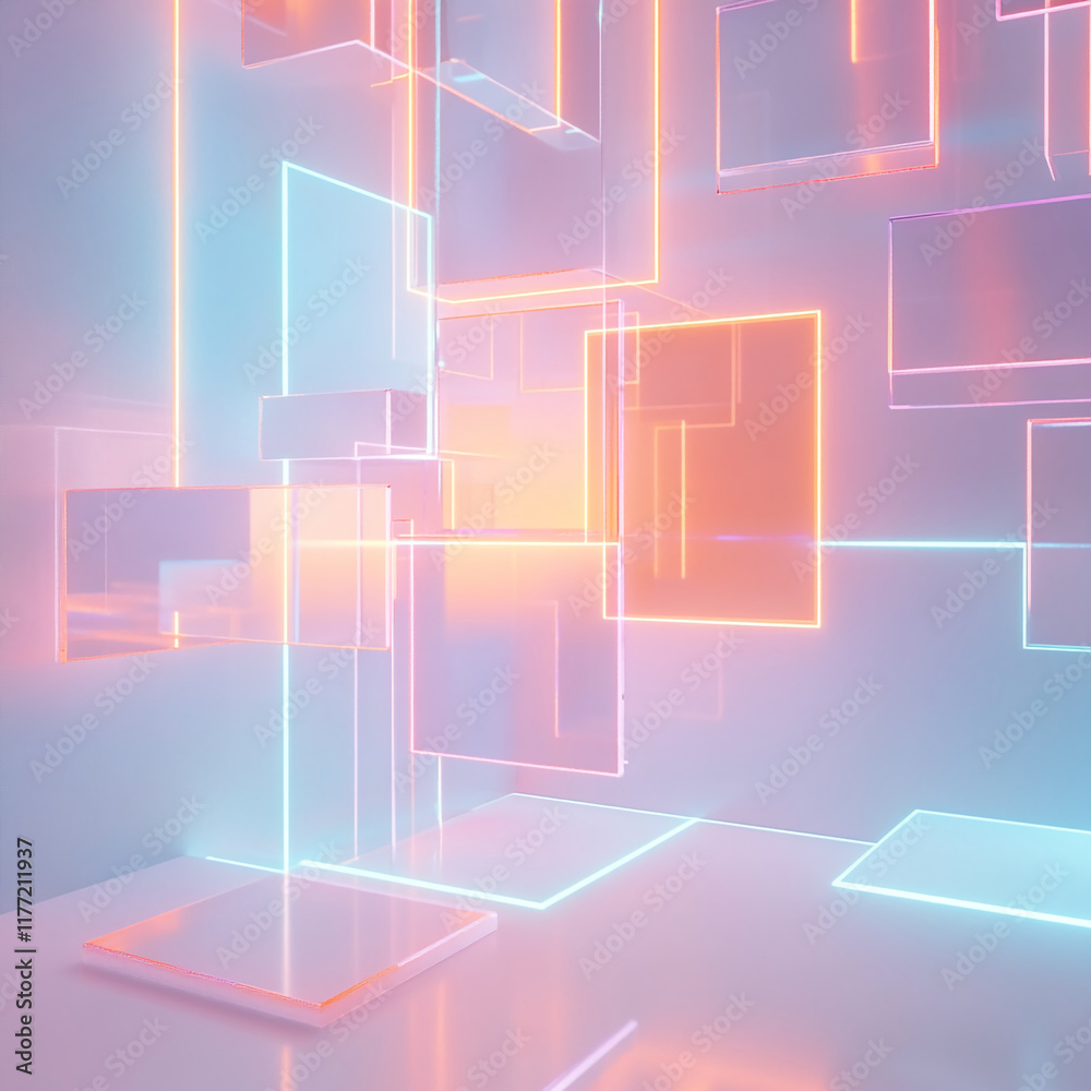 Poster abstract glowing geometric shapes with neon colors in futuristic design