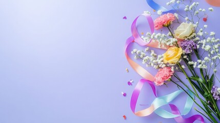 Colorful bouquet with ribbons and pastel decor for a celebration or special occasion