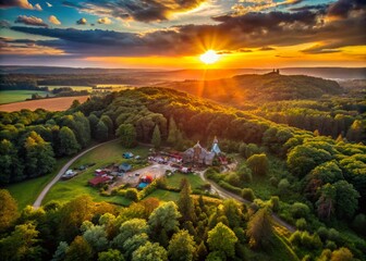 Fototapeta premium Aerial View of Sherwood Forest, Medieval Village, Outlaw Hideout, Archery Practice, Sheriff's Castle