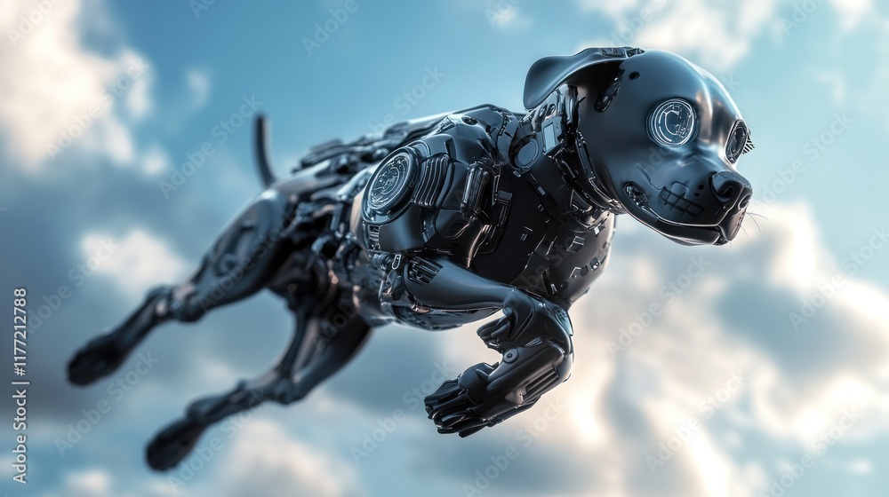 Poster a futuristic robotic dog soaring through a cloudy sky, showcasing advanced technology and design.
