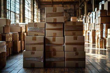 Stacked cardboard boxes in warehouse with inventory storage in background, ready for shipping