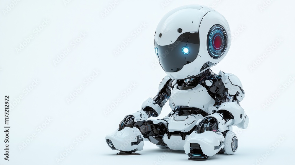 Poster A futuristic robotic figure with a sleek design, featuring glowing eyes and a compact form.