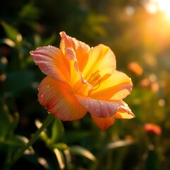 Fototapeta premium Dreamlike surreal imagery, warm golden glow. Close-up of a vibrant flower in full bloom, delicate petals covered in morning dew, softly blurred natural background of lush greenery and sunlight. Radian