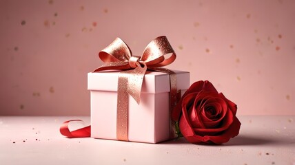 A lovely pink gift box adorned with a sparkling ribbon, paired with a beautiful red rose, exuding charm and romance, ideal for gifting on special occasions