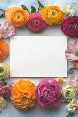 White and gold canvas bordered by colorful spring blooms, offering a classic and elegant layout for card designs. Flat lay, top view.