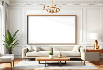 A modern living room with a white big empty Frame on the wall  