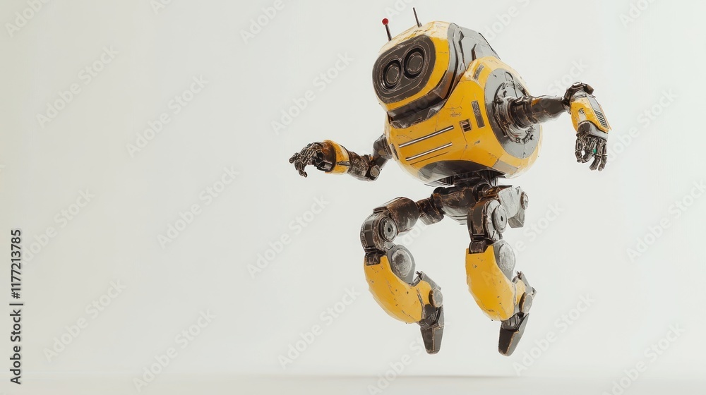 Aufkleber A futuristic yellow robot with a friendly design, hovering in mid-air.