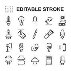Collection of lamp related icons. Thin line vector.