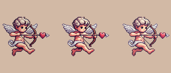 Pixel art of a cute cupid angel with heart-tipped arrow flying in the sky, symbolizing love and romance.