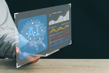 AI technology,artificial intelligence innovation concept.,Business man using smartphone with AI-powered data chart analytics interface idea for business,technology,
