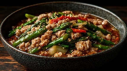 Fototapeta premium Spicy minced pork and asparagus stir-fry in bowl on dark wood.