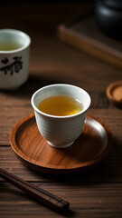 Obraz premium Cup of Tea with Wooden coaster on Wooden Table