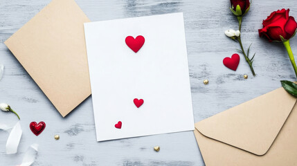 romantic flat lay featuring blank card adorned with red hearts, surrounded by roses and decorative elements, perfect for Valentine Day