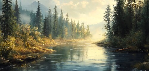 Obraz premium tranquil forest landscape with flowing river and green trees