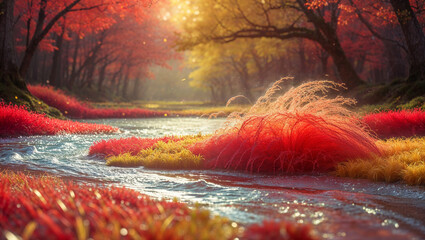 Red kochia scoparia bushes growing by river in autumn forest at sunset