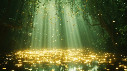 Sunlight streaming through lush forest canopy with golden leaves on water surface